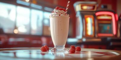 Delicious raspberry milkshake served in a tall glass with whipped cream and a straw in a retro diner setting photo