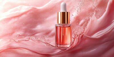 Vibrant beauty serum bottle floating in a splash of pink liquid with soft lighting and smooth background photo
