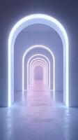 Illuminated arches create a surreal corridor in a modern space with soft purple lighting photo