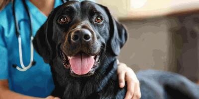 Veterinarian caring for a happy black Labrador retriever in a clinic during a sunny day photo