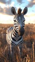 Zebra standing in golden grass during sunset under a dramatic sky in a natural habitat setting photo