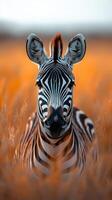 Striking close-up of a zebra amidst golden grass at sunset capturing serene wildlife in a natural habitat photo