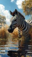 Zebra drinking water in a serene natural habitat under a blue sky with fluffy clouds and golden grass during daytime photo