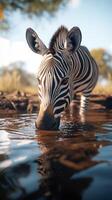 Zebra drinks water from a serene pond in the afternoon sunlight within a natural habitat photo