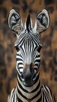 Striking portrait of a zebra showcasing its unique black and white stripes in a naturalistic setting with soft background tones photo