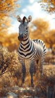 Zebra standing among golden autumn trees in a serene natural landscape photo