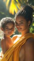 Mother and daughter share a joyful moment in a sunlit poolside setting during a warm afternoon photo