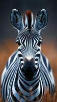 Zebra standing in tall grass with striking black and white stripes under soft lighting in a natural habitat photo
