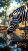 Zebra drinking water from a tranquil pond surrounded by trees during golden hour in a natural habitat photo