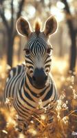 Zebra standing in golden grass during early morning light in a serene natural habitat photo
