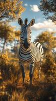 Zebra in a golden landscape under a blue sky during sunset in a serene natural setting photo