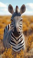 Zebra standing in a golden grassland under a bright blue sky during daytime photo