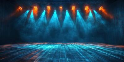 Dramatic stage lighting with vibrant colors illuminating an empty wooden stage in a performing arts venue photo