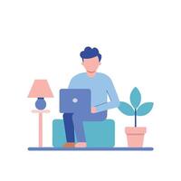 Remote worker efficiently sets up a productive home office space vector