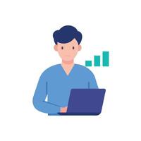 Office worker actively researches latest market trends using laptop computer vector
