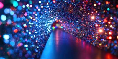 Colorful lights create a shimmering tunnel effect in a dark setting during nighttime photo