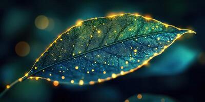 Sparkling leaf illuminated in a dark forest environment during twilight hours photo