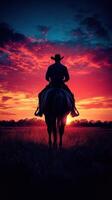 Cowboy on horseback at sunset in open grassland with vibrant colors in the sky during evening hours photo
