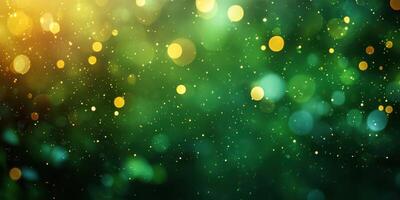 Bright, shimmering bokeh circles create a vibrant green and gold backdrop suitable for celebrations or decor photo