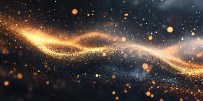 Sparkling golden particles create a mesmerizing wave pattern in a dark atmosphere photo
