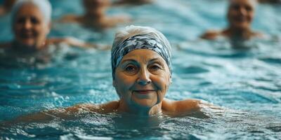 Seniors enjoy water aerobics class in a community pool during midday photo