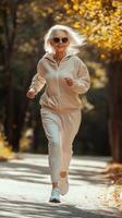 Elderly woman jogging in a park surrounded by autumn foliage during a sunny day photo