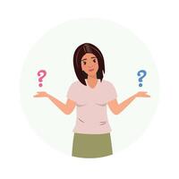 Illustration of a woman with hands open, questioning or thinking, with question marks above her palms vector