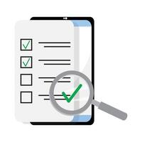 Digital checklist concept with a smartphone, checkboxes, and a magnifying glass highlighting a completed task vector