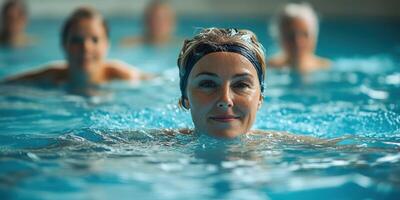 Water aerobics class in a bright pool with participants enjoying a refreshing workout photo