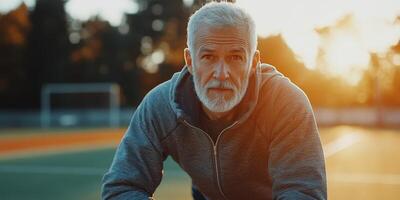 Older man exercising on a sports field at sunset photo