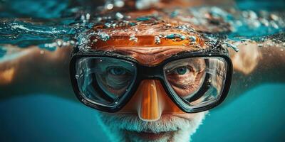 Elderly man wearing snorkeling gear swimming underwater in a clear blue pool during daylight hours photo