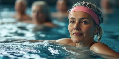 Woman enjoys water aerobics class in a swimming pool during midday with other participants in the background photo