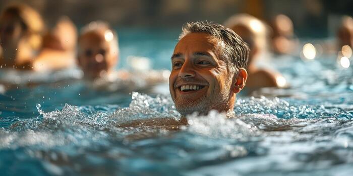 Man enjoying swimming in a crowded indoor pool during daylight hours photo