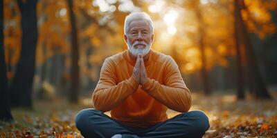 Meditating man enjoying autumn tranquility in a park surrounded by vibrant orange foliage photo