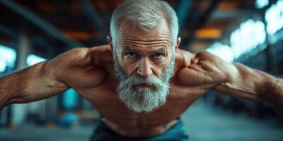 Older man performs intense workout in fitness center showcasing strength and determination photo