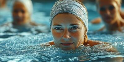 Swimmer demonstrates focus and determination in the pool during a training session in the early evening photo