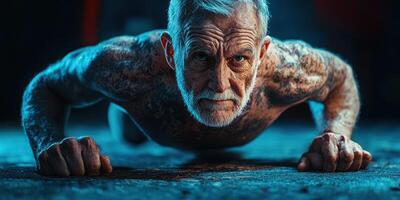 Elderly man performs intense push-ups in a dimly lit gym during the early morning workout session photo