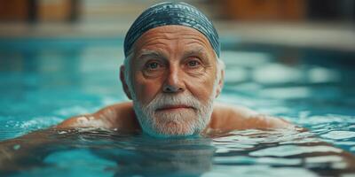 Elderly swimmer enjoying a lap in the pool during a sunny afternoon at a community center photo