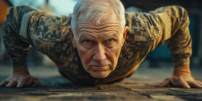 Veteran performs push-ups during morning exercise training session at military facility photo
