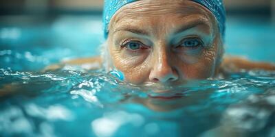 Close-up of a mature swimmer preparing to dive into a pool during a bright afternoon workout session photo