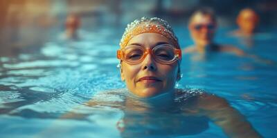 Woman swimming in a pool during evening hours, showcasing relaxation and confidence in a tranquil setting photo