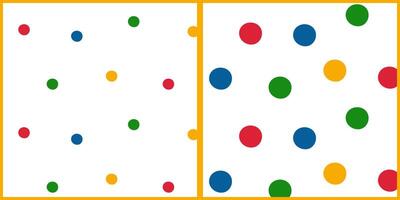 Set of seamless polka dot patterns with multicolored circles on a white background. Ideal for textiles, wrapping paper, backgrounds, and festive designs. vector