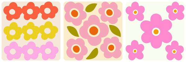 Retro floral patterns with simple daisy shapes in soft pastel colors. Vintage-inspired botanical design for prints, textiles, wallpapers, stickers, and digital backgrounds. vector