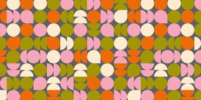 Seamless geometric pattern with retro Bauhaus inspired circles and semicircles in warm earthy tones. Perfect for textiles, wallpapers, backgrounds, packaging, and modern graphic design. vector