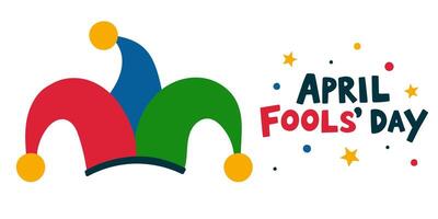 April Fools' Day illustration with a colorful jester hat and festive typography. Playful design for greeting cards, posters, banners, and digital projects related to humor and pranks. vector