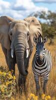 Elephant and zebra in a vibrant African savanna during daytime with blooming wildflowers photo
