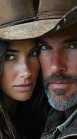 Couple sporting cowboy hats posing closely together in a rugged outdoor setting during golden hour photo