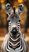 Zebra with striking fur pattern stands calmly in a golden-lit forest during early morning hours photo