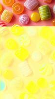 Colorful assortment of assorted candies spread out on a pink background showcasing vibrant shapes and textures photo