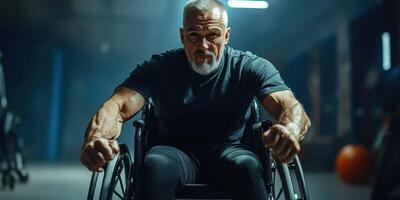 Strong athlete practices wheelchair basketball indoors in a well-lit gym during training sessions photo